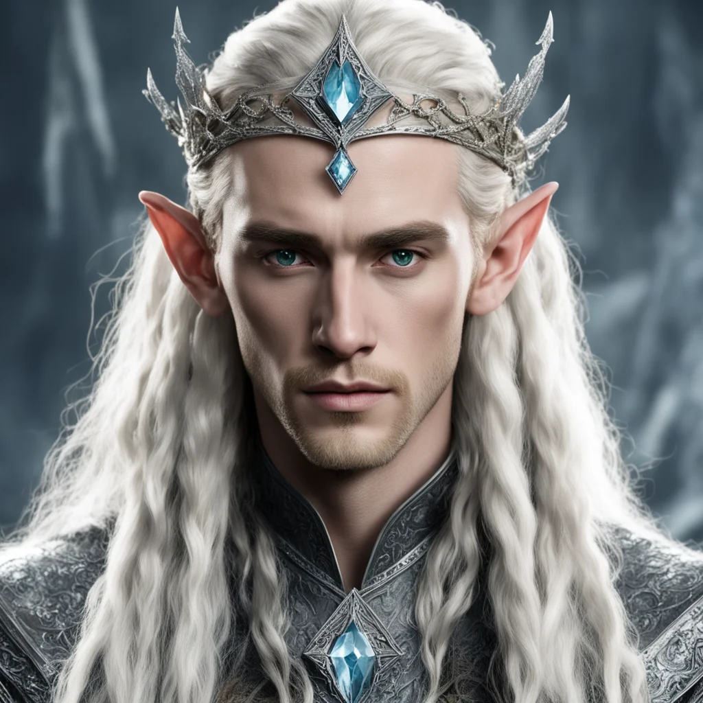  king thranduil with blond hair and braids wearing silver serpentine nandorin elvish circlet encrusted with diamonds with large center diamond  good looking trending fantastic 1