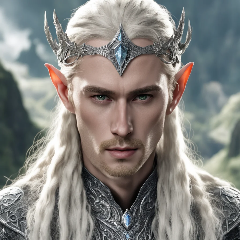 king thranduil with blond hair and braids wearing silver serpentine nandorin elvish circlet encrusted with diamonds with large center diamond 