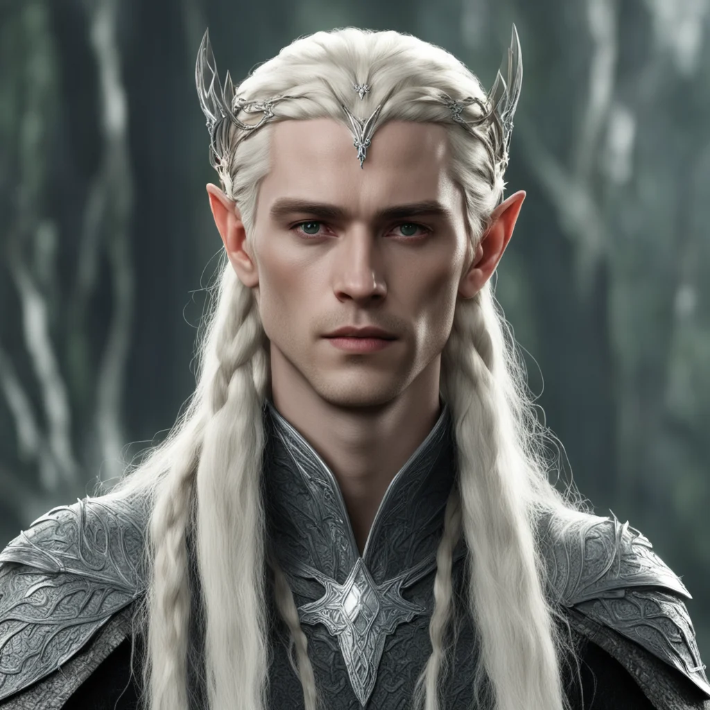  king thranduil with blond hair and braids wearing silver serpentine sindarin elvish circlet with large center diamond amazing awesome portrait 2