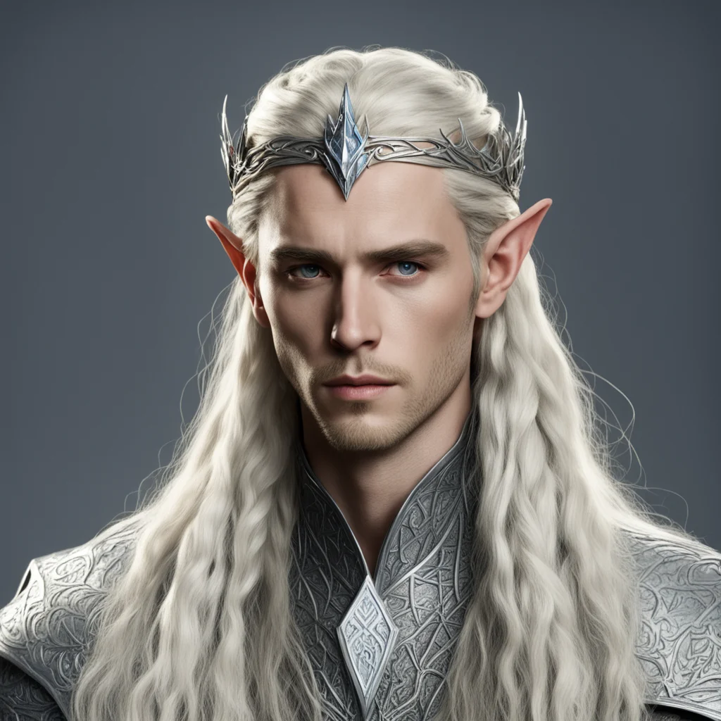 ai king thranduil with blond hair and braids wearing silver serpentine sindarin elvish circlet with large center diamond