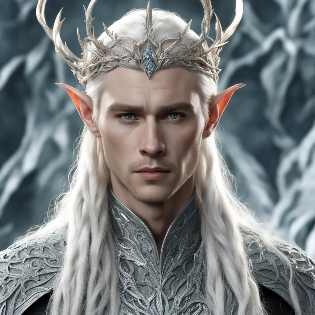  king thranduil with blond hair and braids wearing silver thorny vines encrusted with diamonds intertwined to form silver serpentine elvish circlet with large center diamond 