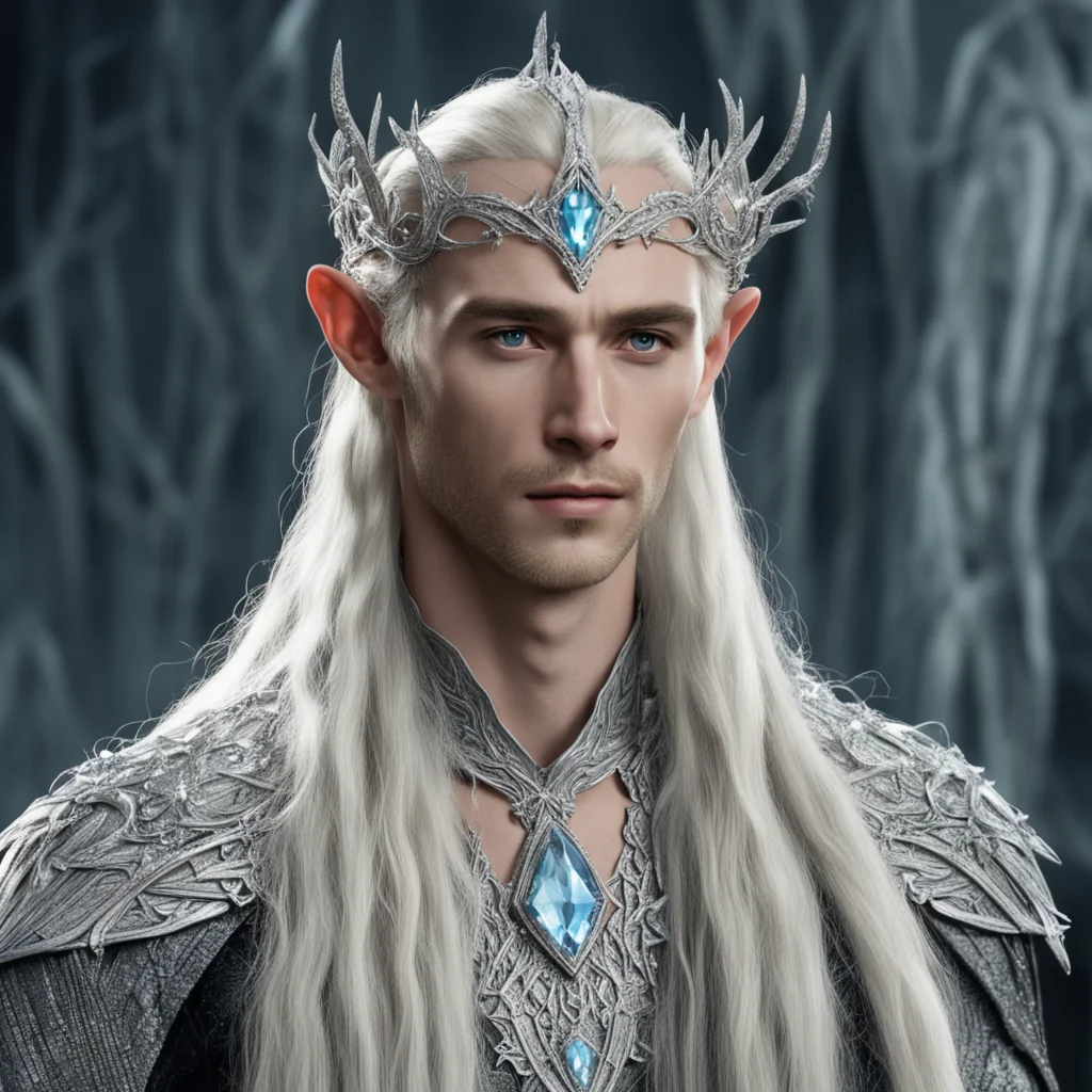 ai king thranduil with blond hair and braids wearing silver twigs encrusted with diamonds with clusters of diamonds forming a silver elvish circlet with large diamond at center of circlet