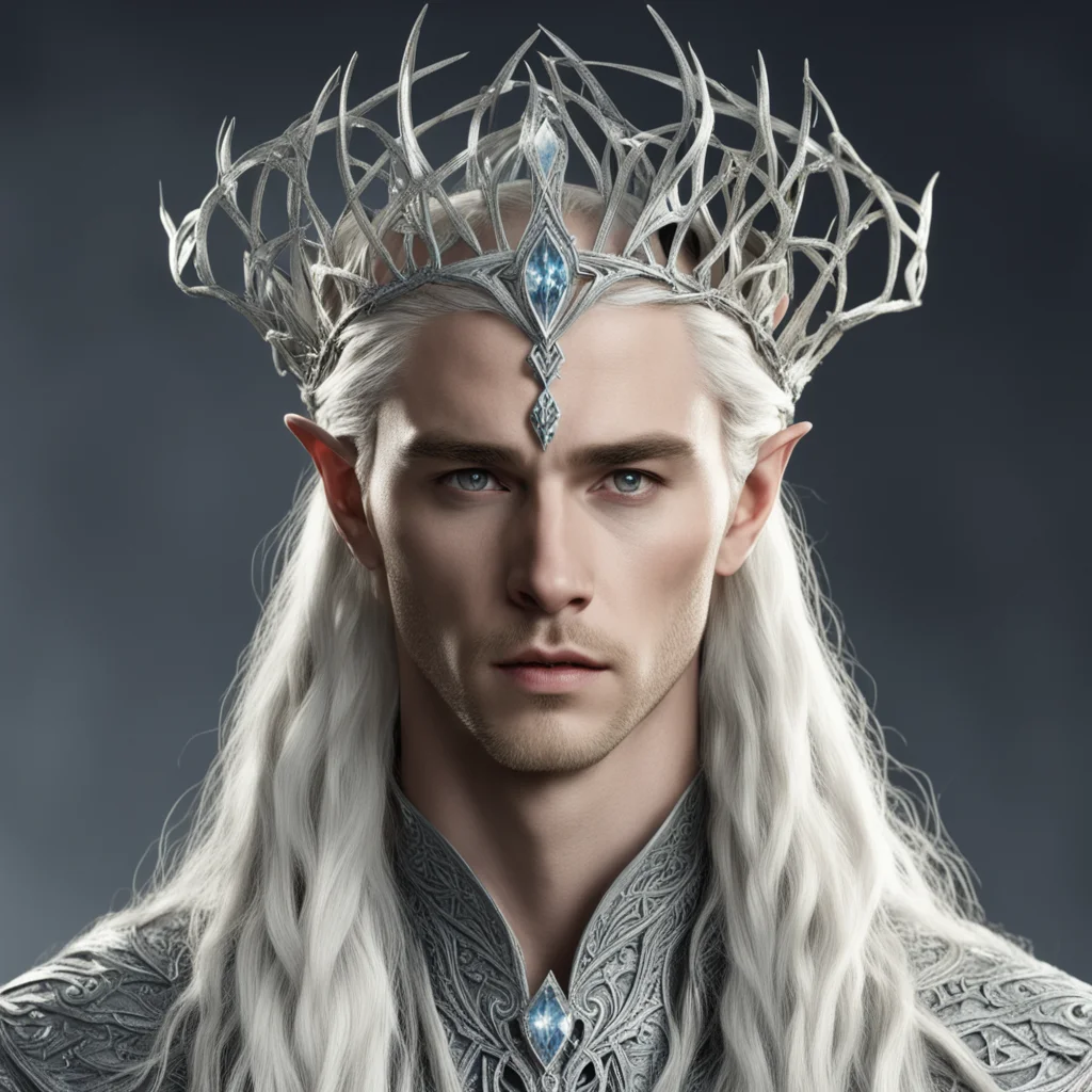 ai king thranduil with blond hair and braids wearing silver vines encrusted with diamonds forming a silver elvish circlet with large center diamond  confident engaging wow artstation art 3