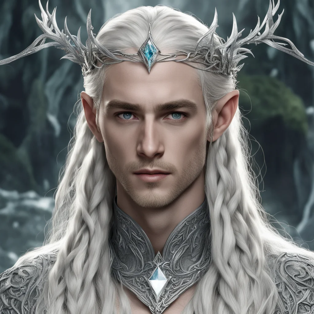 king thranduil with blond hair and braids wearing silver vines encrusted with diamonds forming a silver elvish circlet with large center diamond  good looking trending fantastic 1