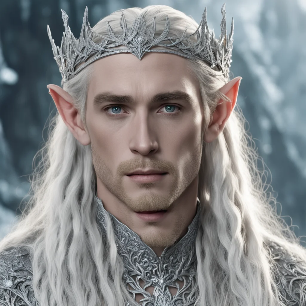 ai king thranduil with blond hair and braids wearing silver vines encrusted with diamonds forming a silver elvish circlet with large center diamond 