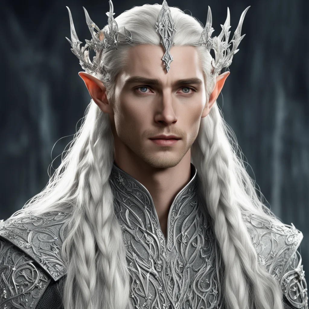 king thranduil with blond hair and braids wearing silver vines encrusted with diamonds with silver flowers encrusted with diamonds forming a silver elvish circlet with large center diamond