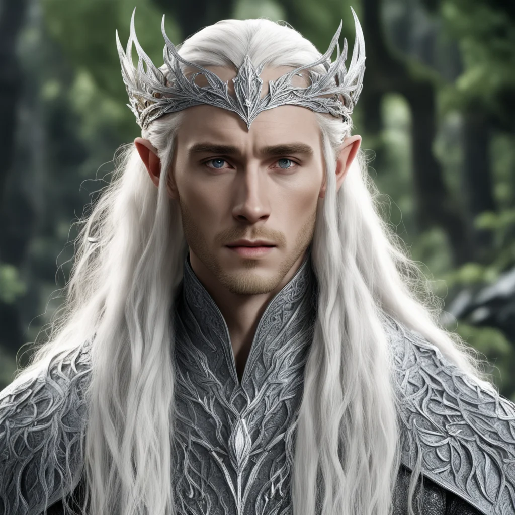 king thranduil with blond hair and braids wearing silver vines will small silver leaves encrusted with diamonds to make a small silver elvish circlet with large center diamond