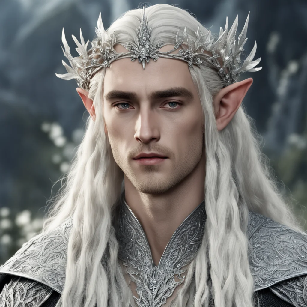  king thranduil with blond hair and braids wearing small silver flowers encrusted with diamonds to form a small silver elvish circlet with large center diamond amazing awesome portrait 2