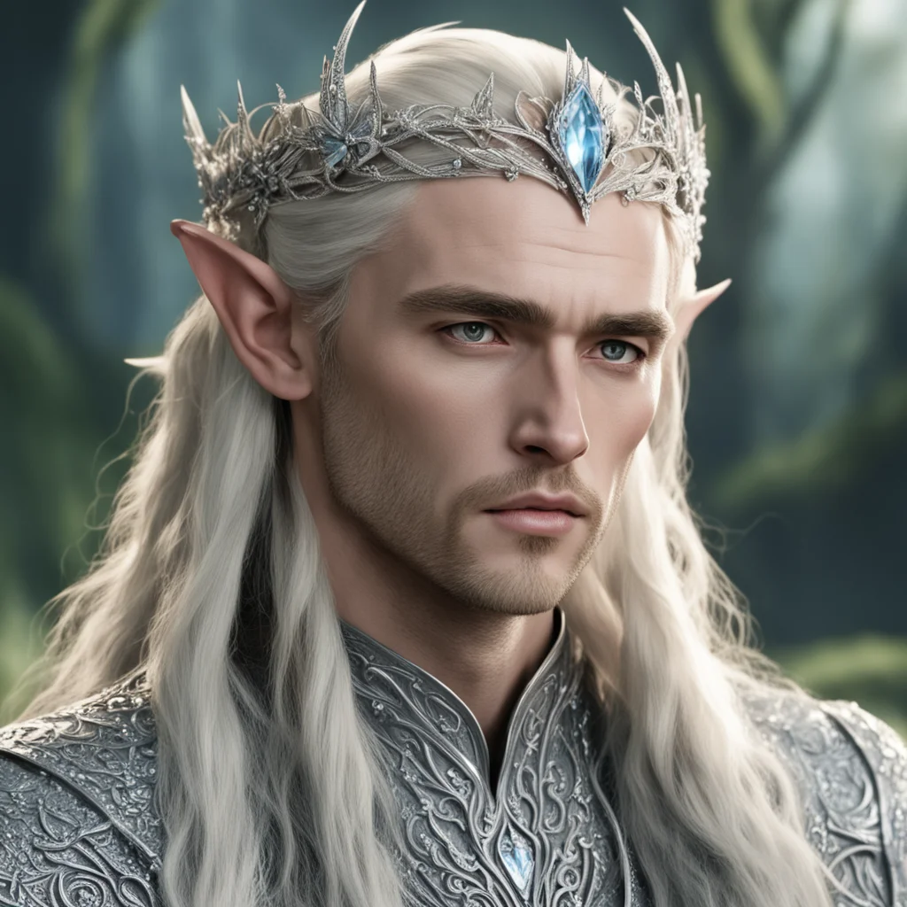  king thranduil with blond hair and braids wearing small silver flowers encrusted with diamonds to form a small silver elvish circlet with large center diamond confident engaging wow artstation art 
