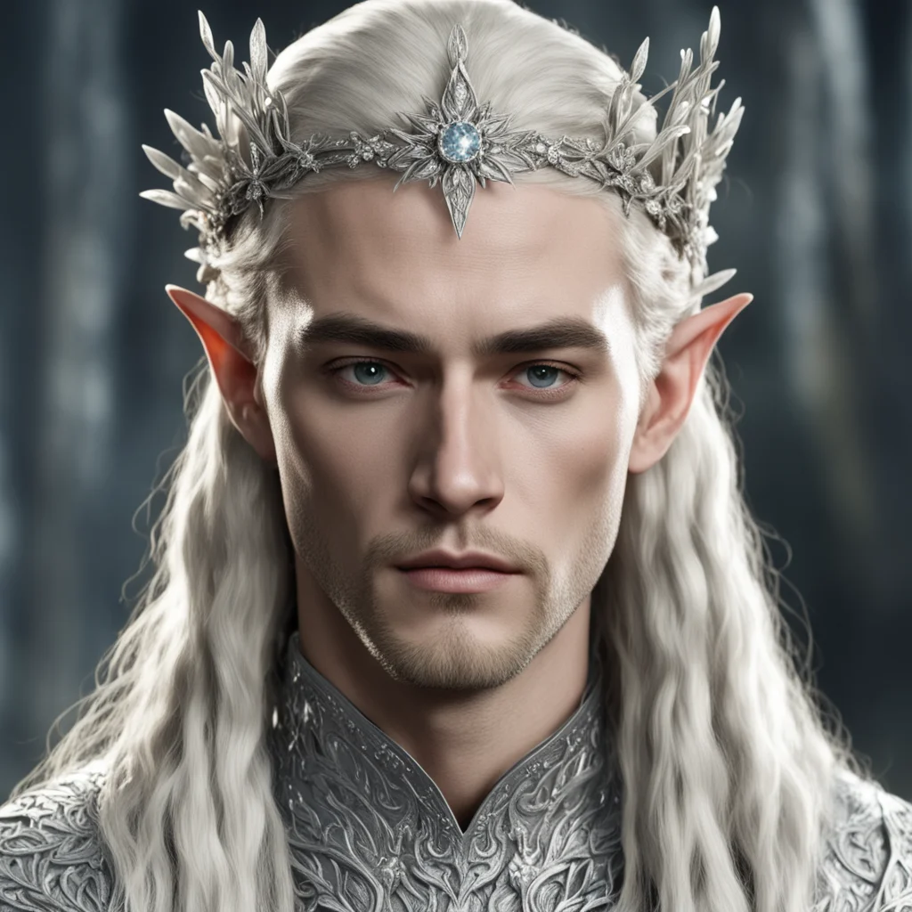 ai king thranduil with blond hair and braids wearing small silver flowers encrusted with diamonds to form a small silver elvish circlet with large center diamond good looking trending fantastic 1