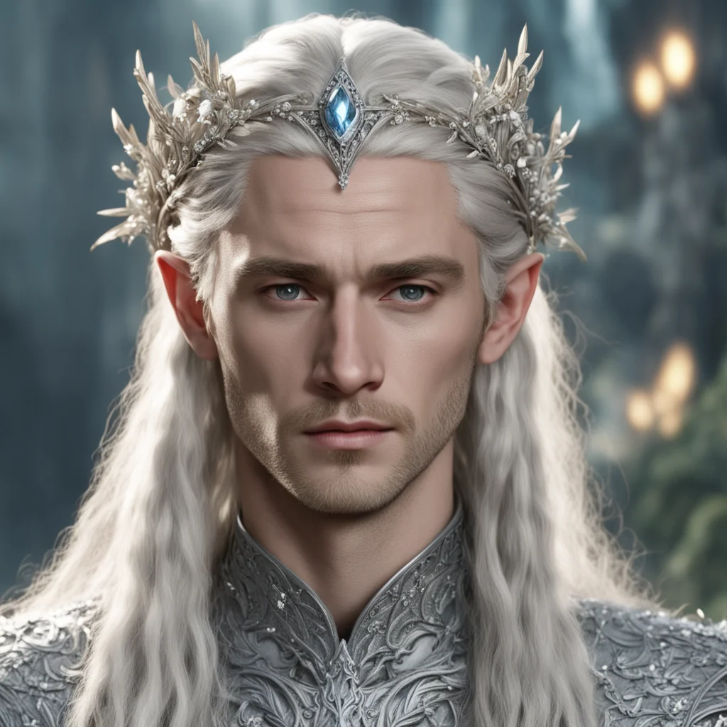  king thranduil with blond hair and braids wearing small silver flowers encrusted with diamonds to form a small silver elvish circlet with large center diamond