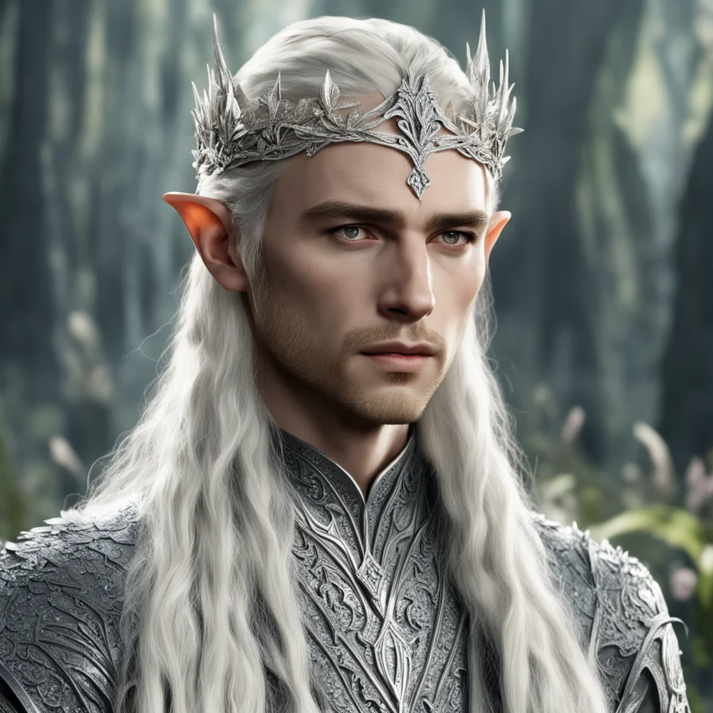  king thranduil with blond hair and braids wearing small silver flowers encrusted with diamonds to form small silver elvish circlet with large center diamond  amazing awesome portrait 2
