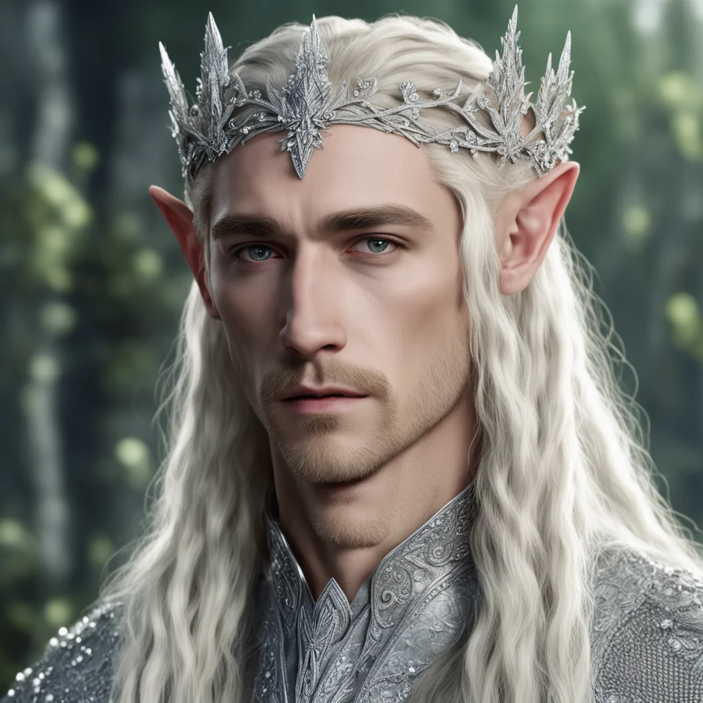 ai king thranduil with blond hair and braids wearing small silver flowers encrusted with diamonds to form small silver elvish circlet with large center diamond  good looking trending fantastic 1