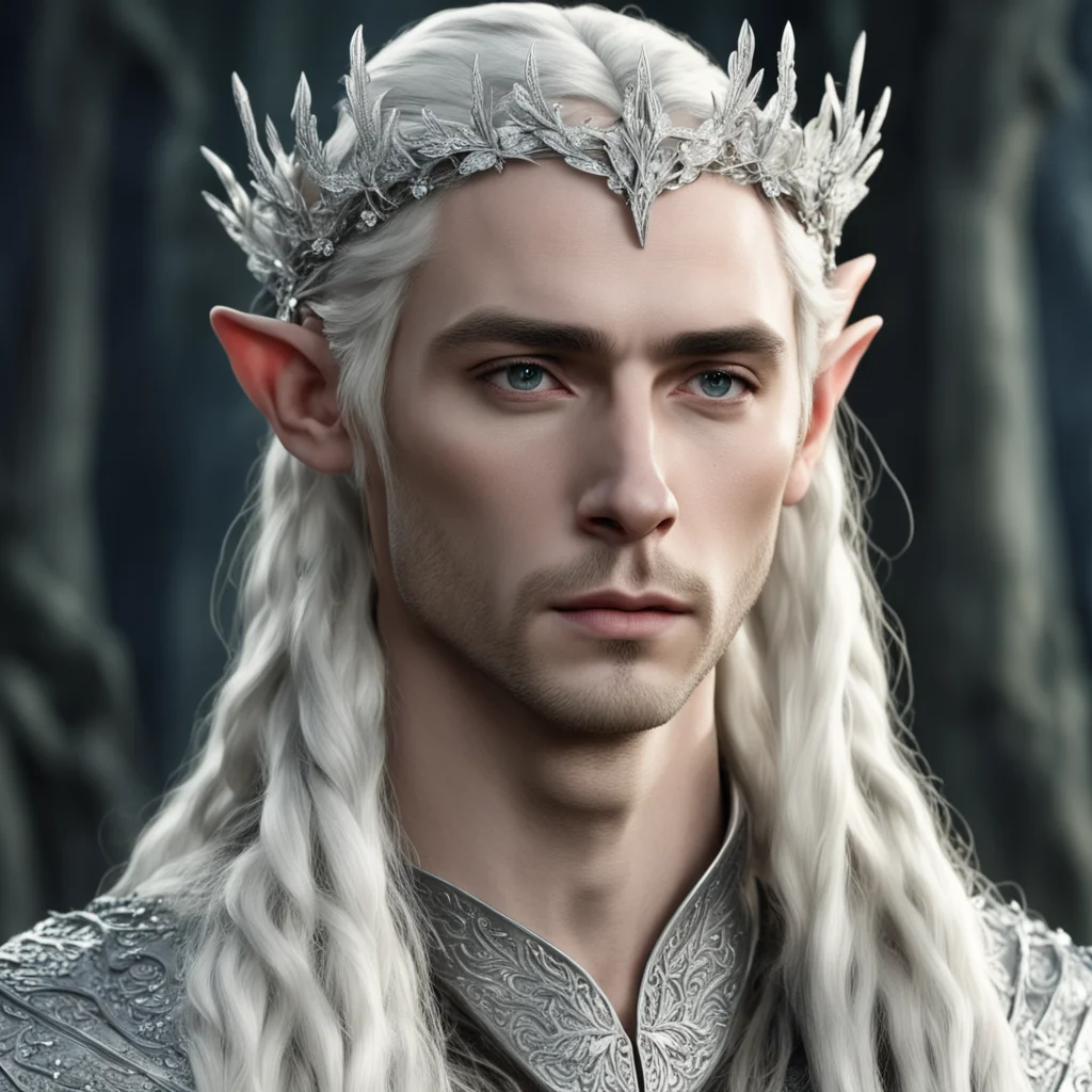ai king thranduil with blond hair and braids wearing small silver flowers encrusted with diamonds to form small silver elvish circlet with large center diamond 