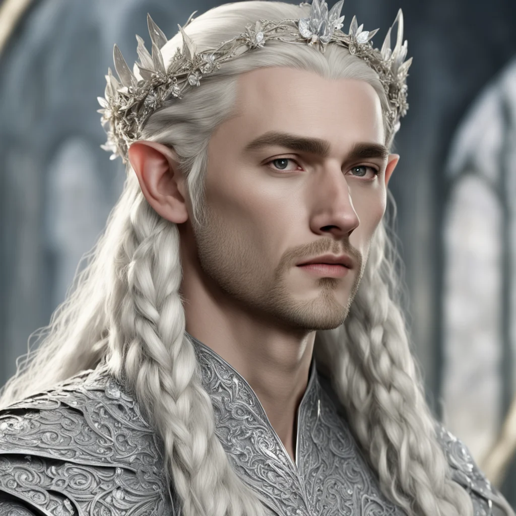 ai king thranduil with blond hair and braids wearing small silver flowers encrusted with diamonds to form small silver elvish circlet with large center diamond amazing awesome portrait 2