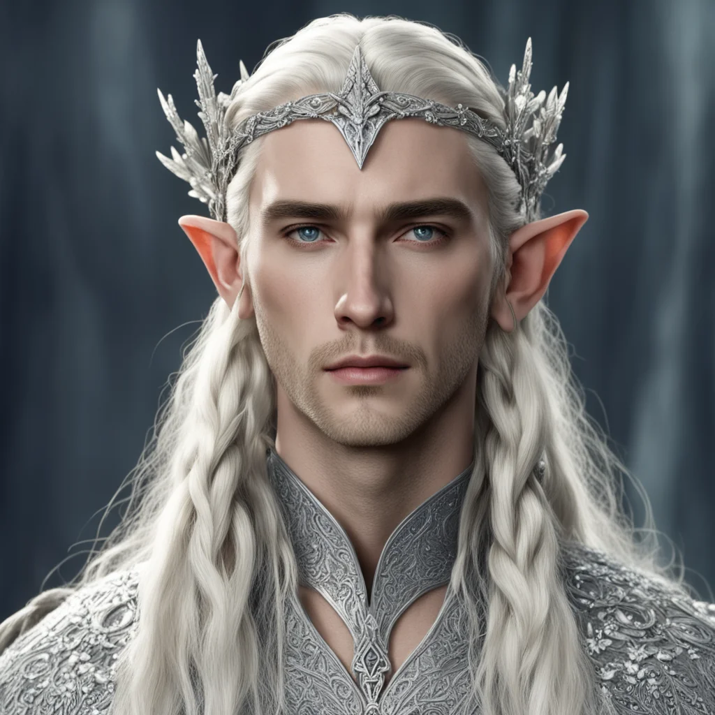  king thranduil with blond hair and braids wearing small silver flowers encrusted with diamonds to form small silver elvish circlet with large center diamond confident engaging wow artstation art 3.