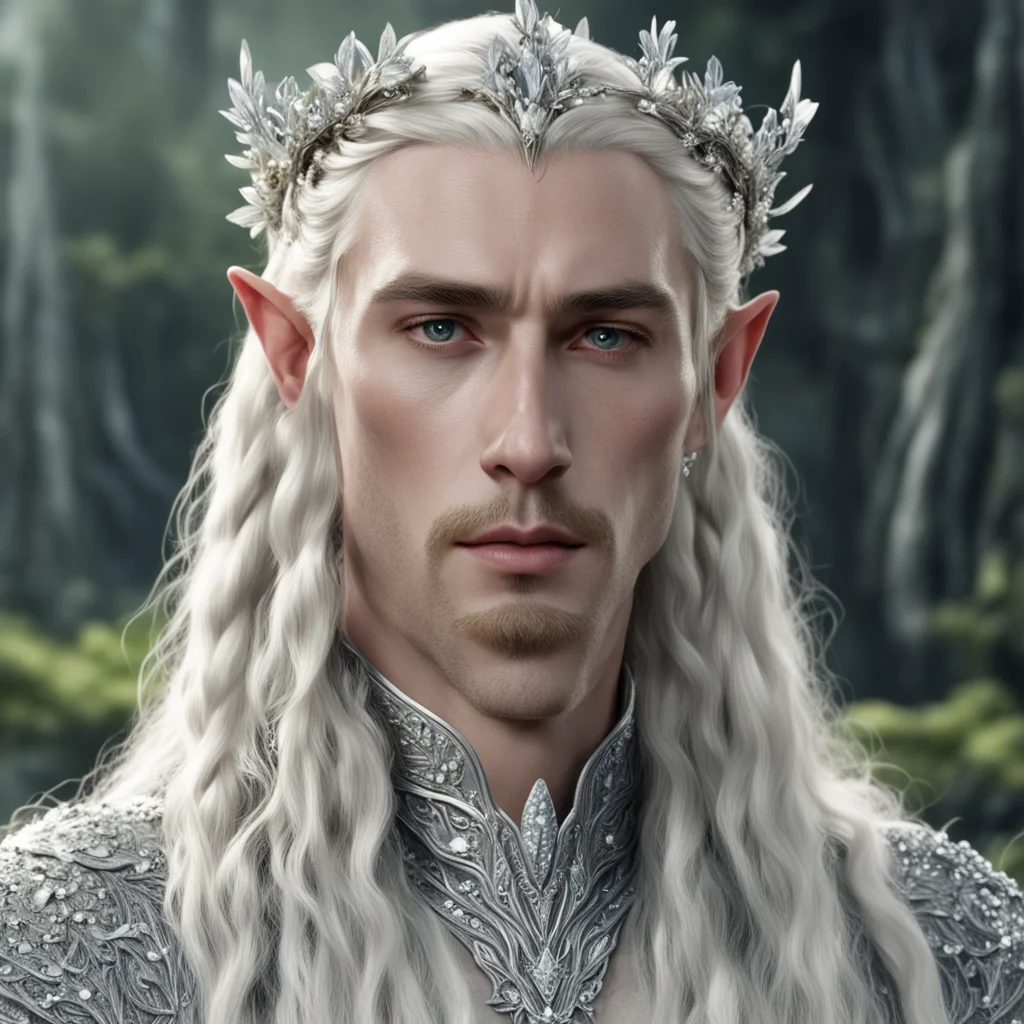 ai king thranduil with blond hair and braids wearing small silver flowers encrusted with diamonds to form small silver elvish circlet with large center diamond