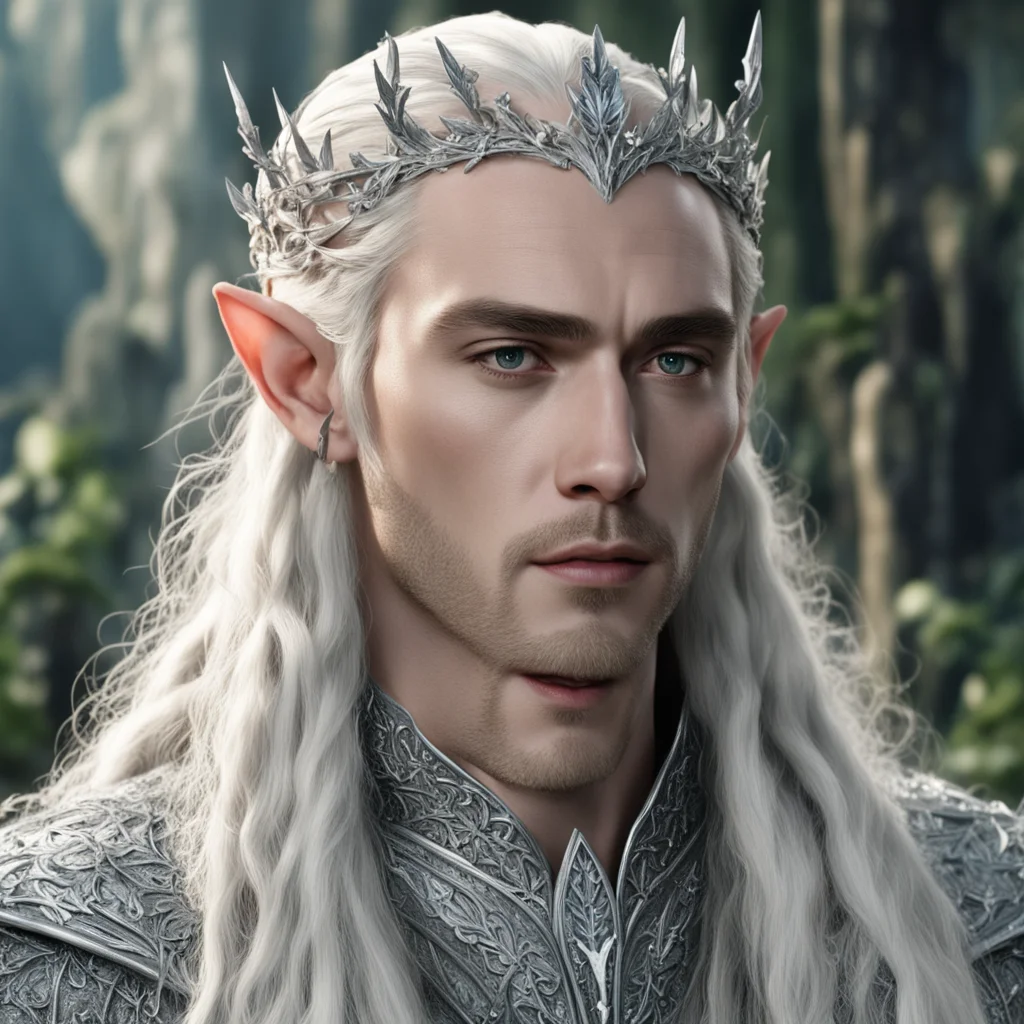 ai king thranduil with blond hair and braids wearing small silver ivy leaves encrusted with diamonds to form a small silver elvish coronet with large center diamond amazing awesome portrait 2