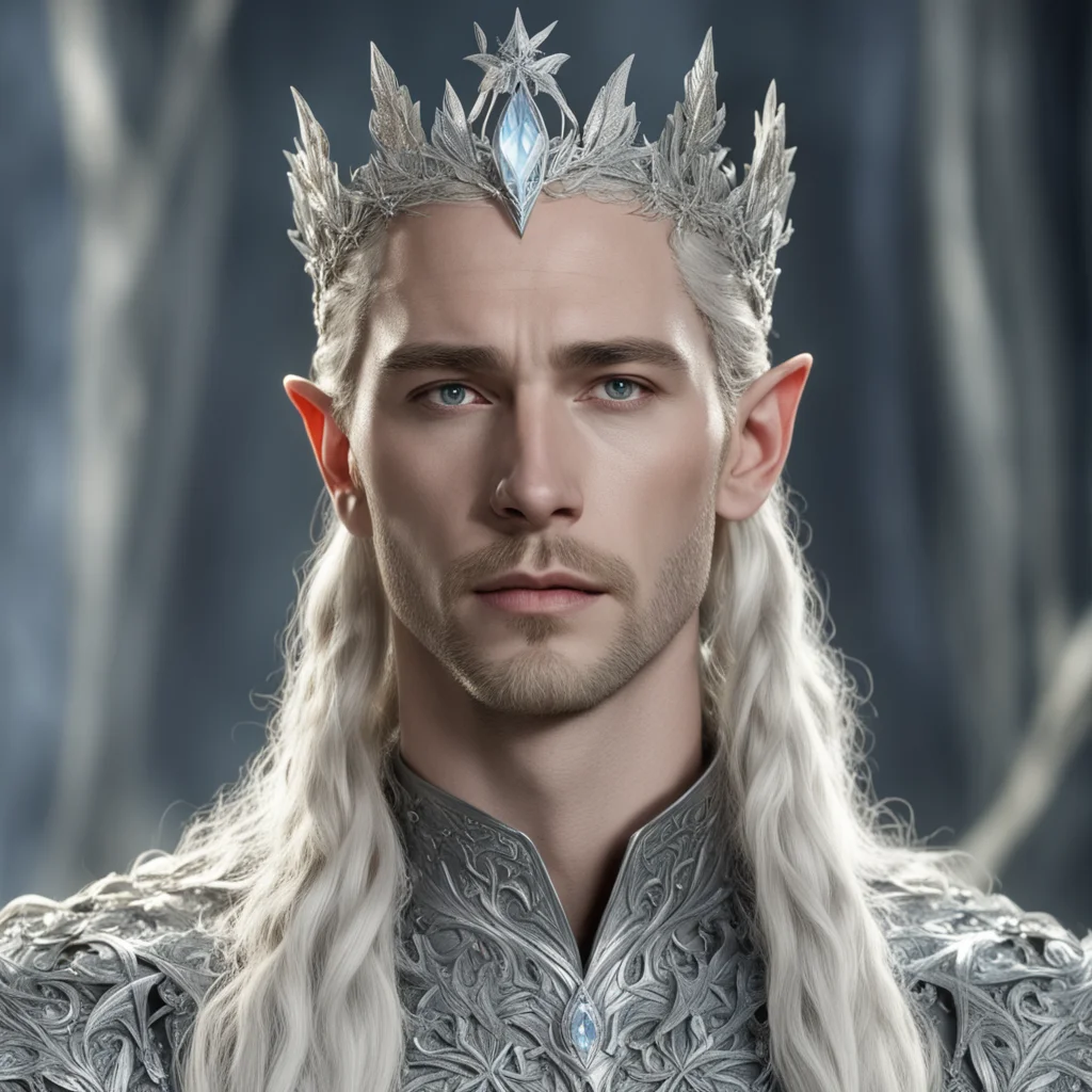 king thranduil with blond hair and braids wearing small silver ivy leaves encrusted with diamonds to form a small silver elvish coronet with large center diamond good looking trending fantastic 1.w