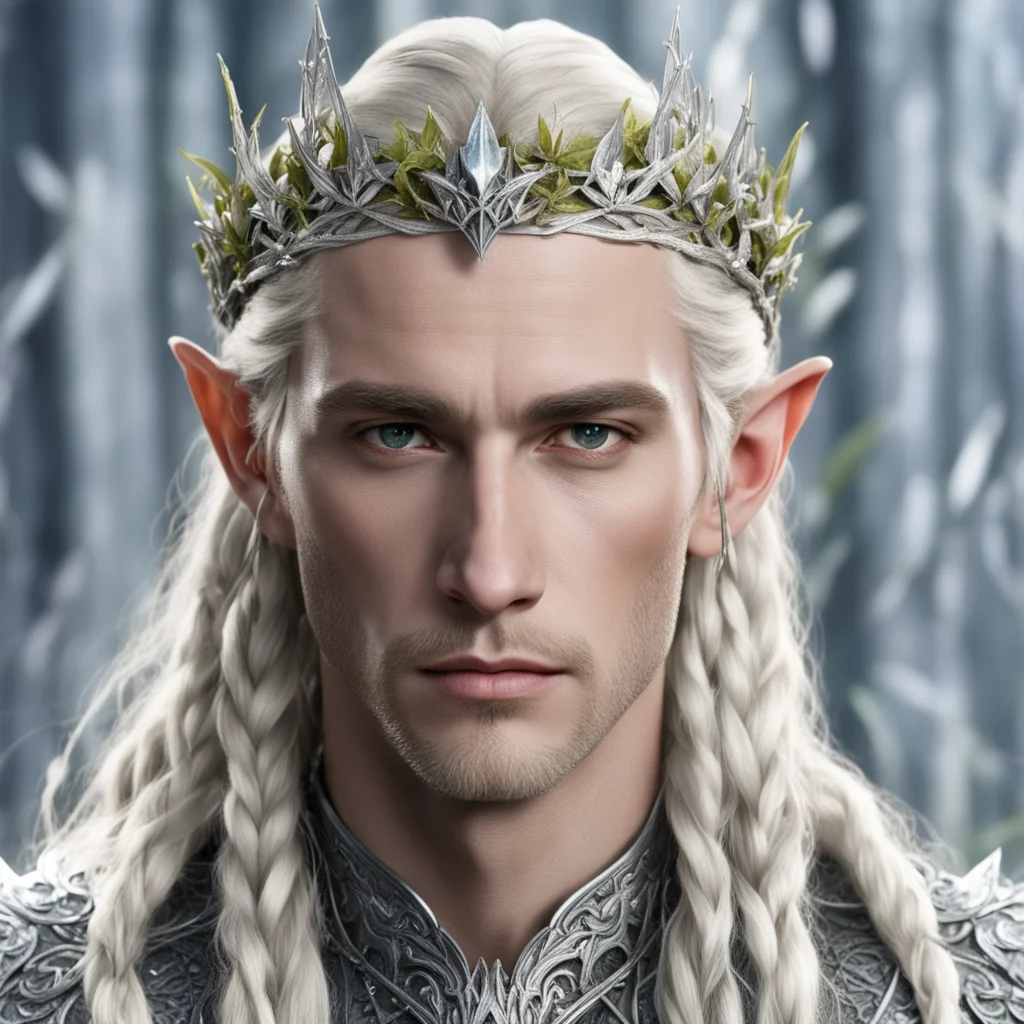 ai king thranduil with blond hair and braids wearing small silver ivy leaves encrusted with diamonds to form a small silver elvish coronet with large center diamond