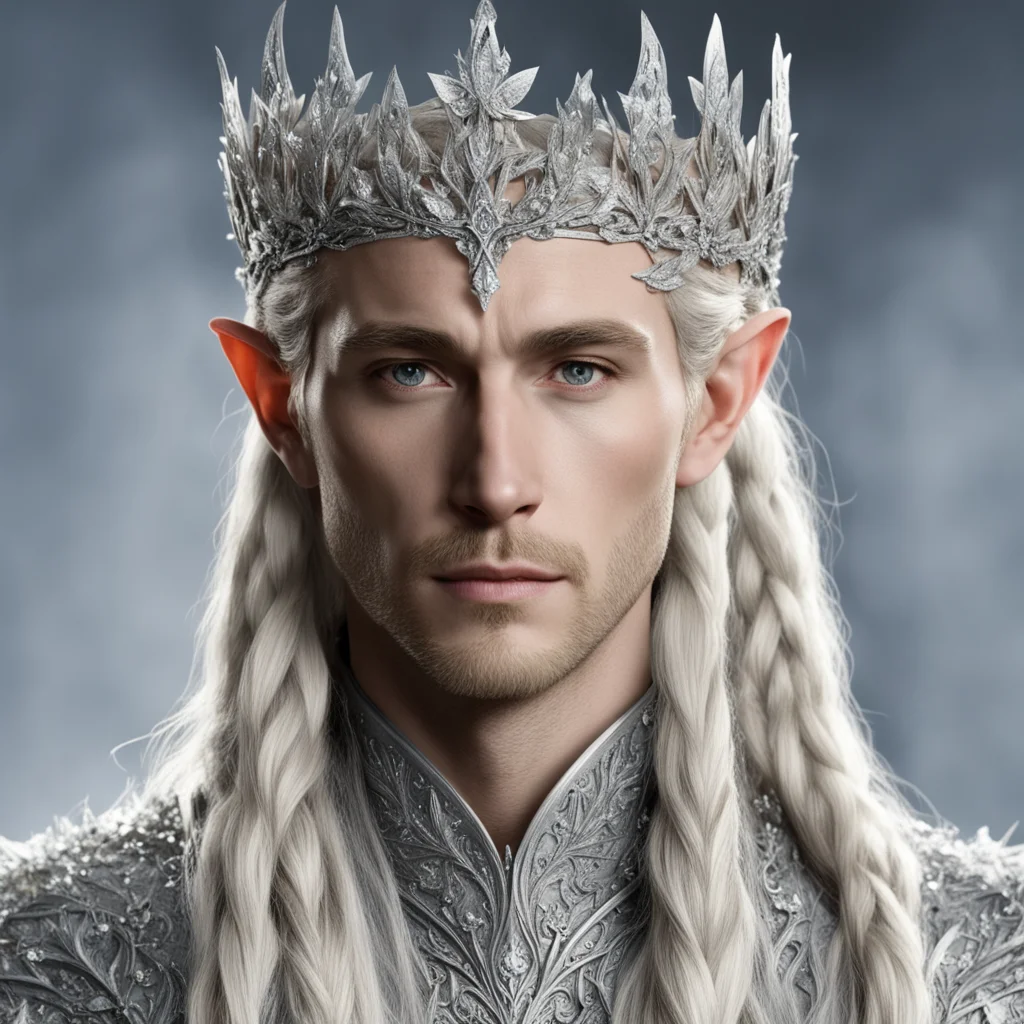  king thranduil with blond hair and braids wearing small silver leaves encrusted with diamonds and small silver flowers encrusted with diamonds to form a silver elvish crown with large center diamon