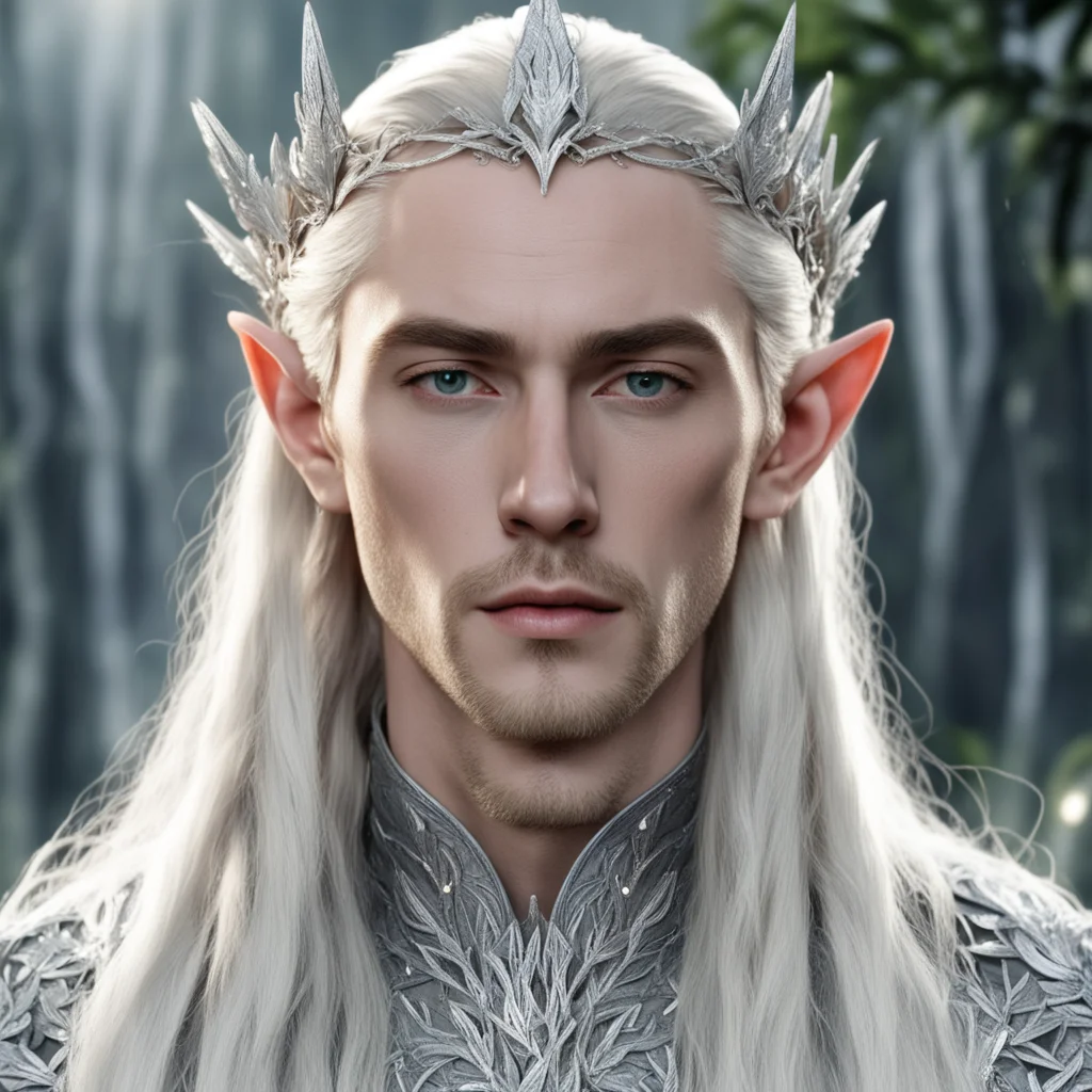  king thranduil with blond hair and braids wearing small silver leaves encrusted with diamonds and small silver flowers encrusted with diamonds to form a silver elvish crown with large diamond in ce
