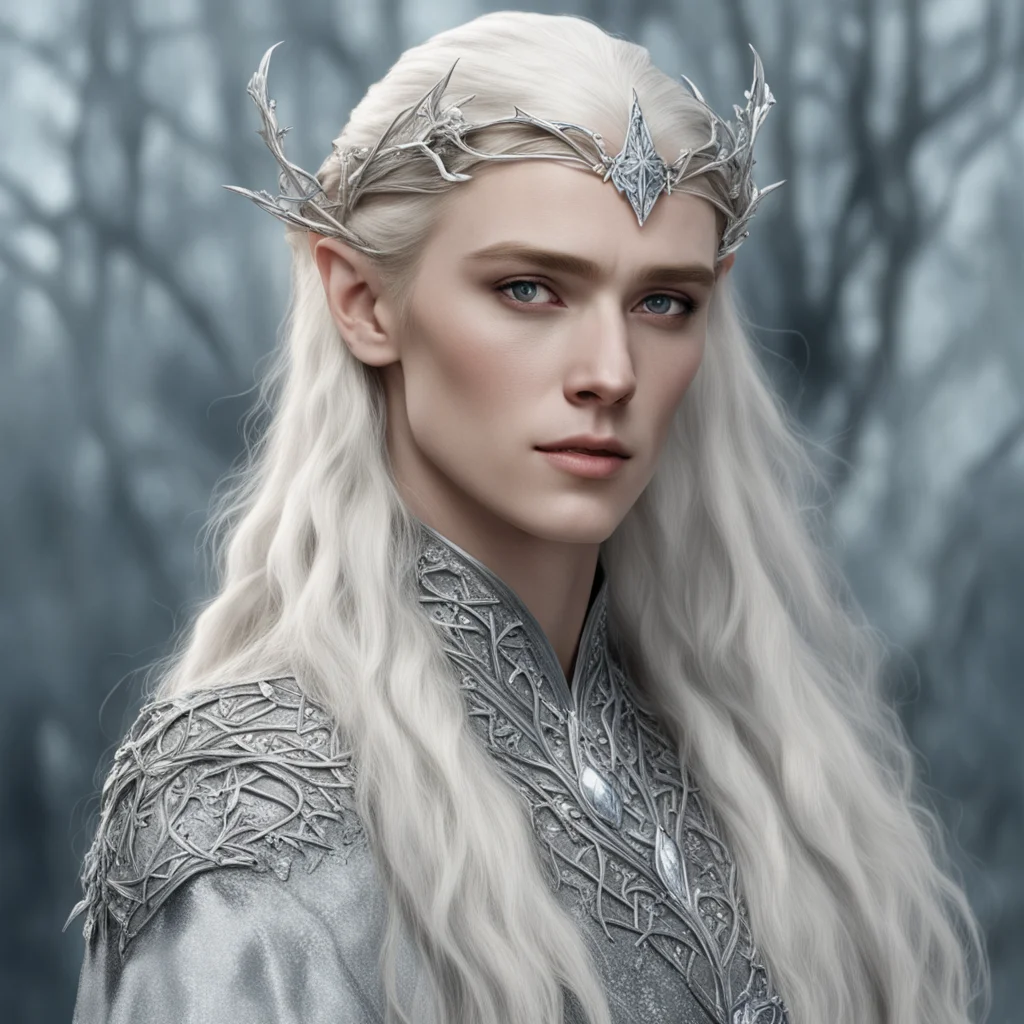  king thranduil with blond hair and braids wearing small silver leaves encrusted with diamonds intertwined to form a silver serpentine elvish circlet with large center diamond wearing a silver spide