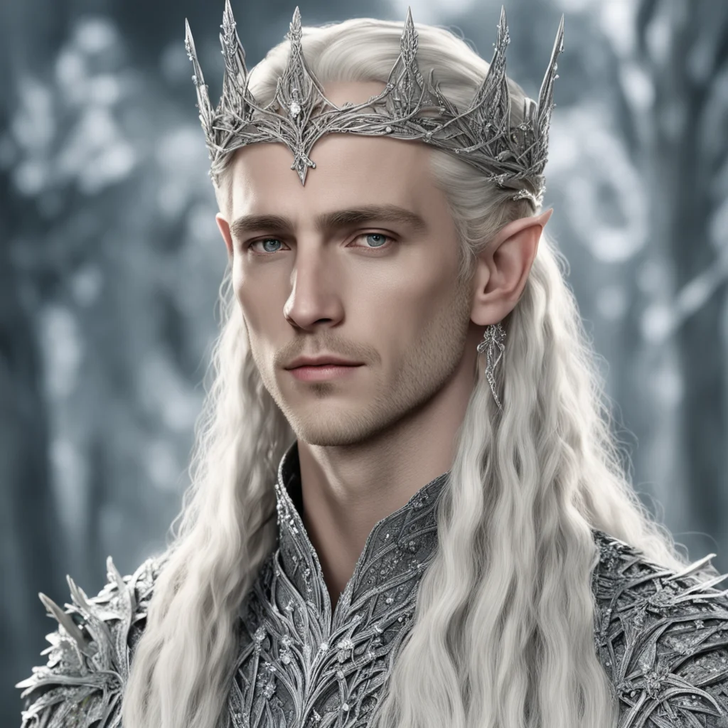  king thranduil with blond hair and braids wearing small silver leaves encrusted with diamonds intertwined to form a small silver elvish coronet with center large diamond confident engaging wow arts