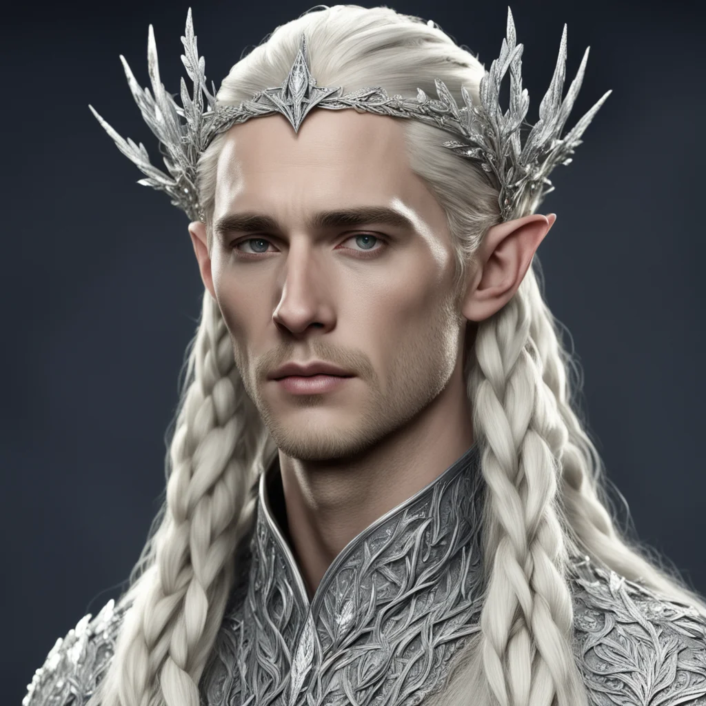  king thranduil with blond hair and braids wearing small silver leaves encrusted with diamonds intertwined to form a small silver elvish coronet with center large diamond good looking trending fanta
