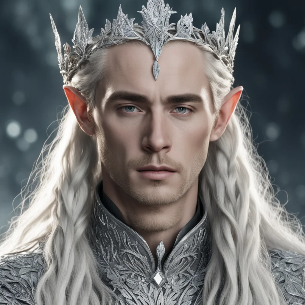 ai king thranduil with blond hair and braids wearing small silver leaves encrusted with diamonds intertwined to form a small silver elvish coronet with center large diamond