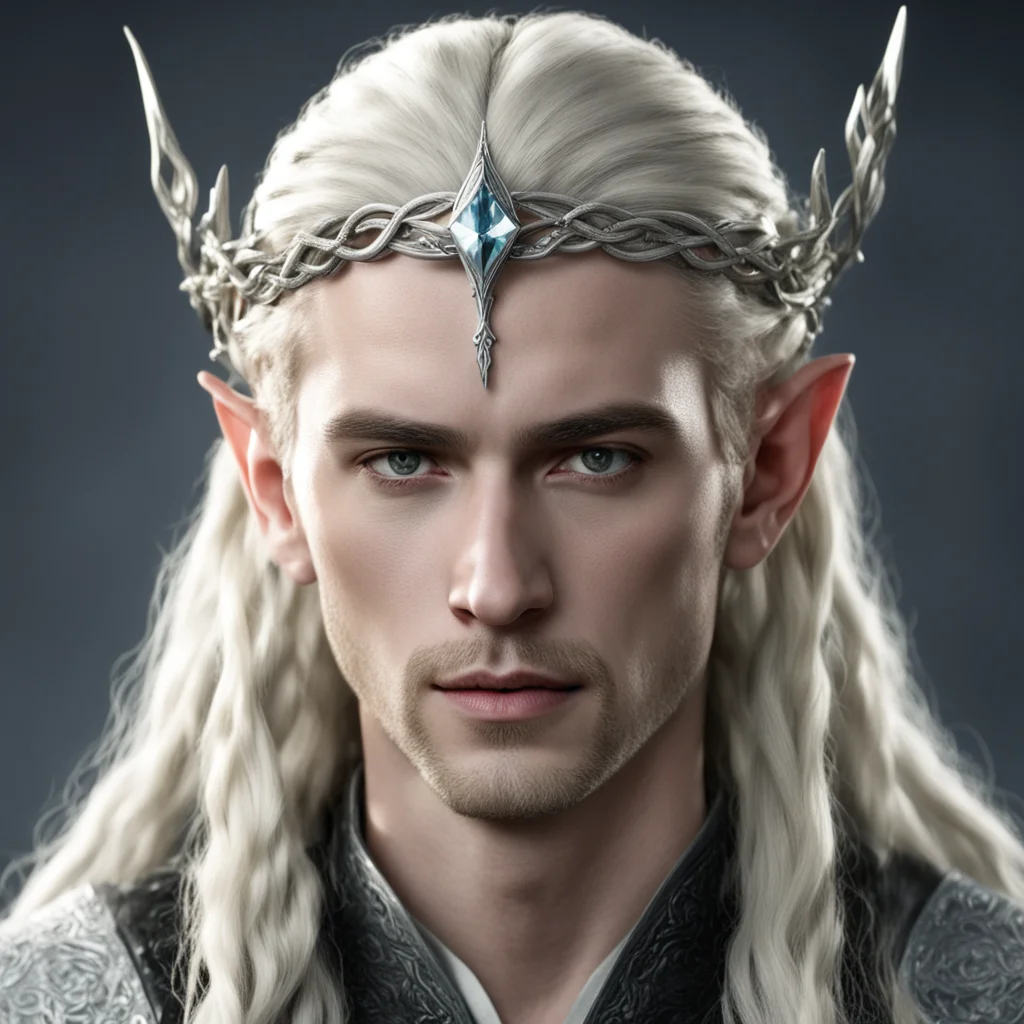 ai king thranduil with blond hair and braids wearing small silver serpentine elvish circlet with large center diamond 