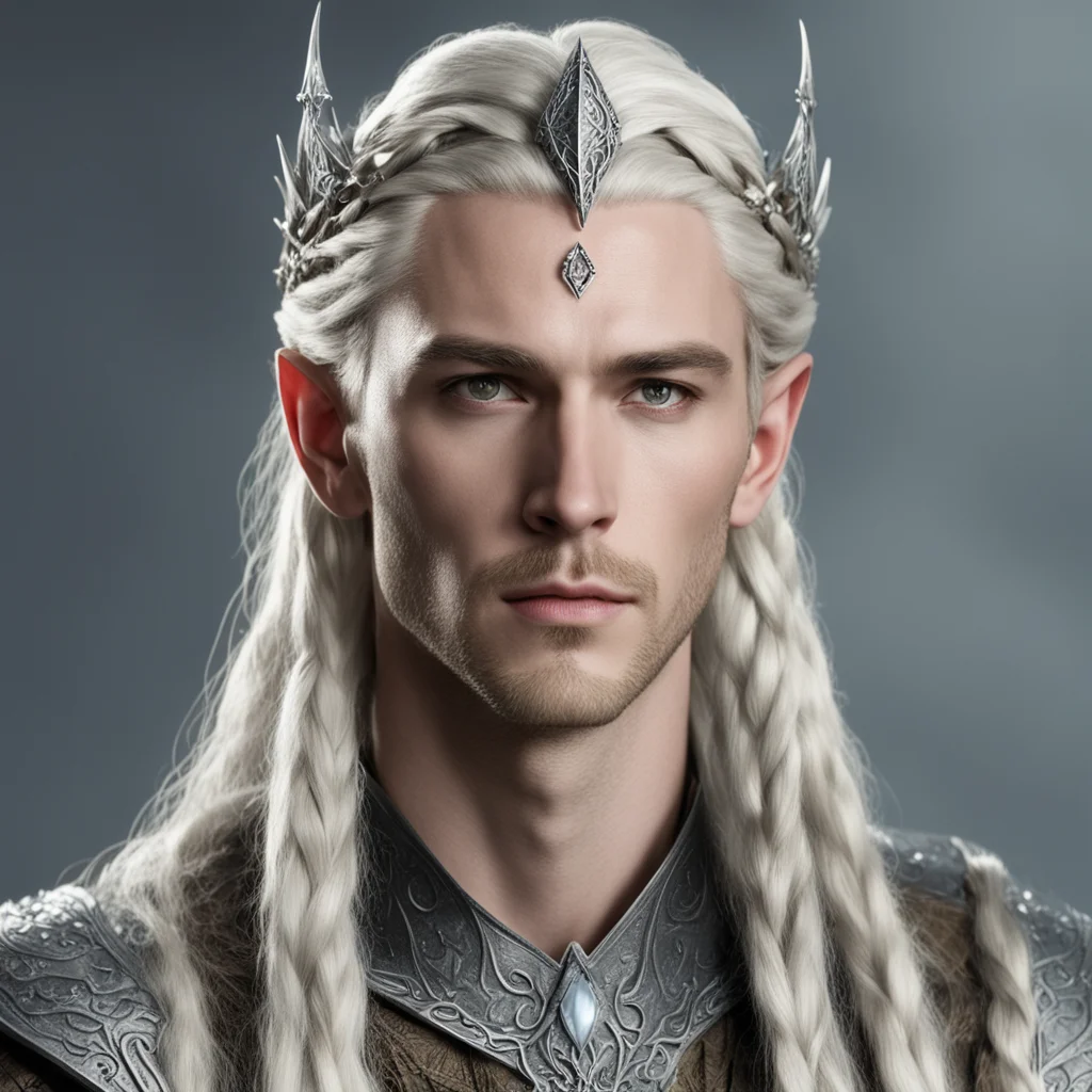 ai king thranduil with blond hair and braids wearing small silver serpentine elvish circlet with large center diamond
