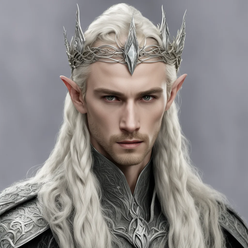 king thranduil with blond hair and braids wearing small silver serpentine nandorin elvish circlet with large center diamond  confident engaging wow artstation art 3