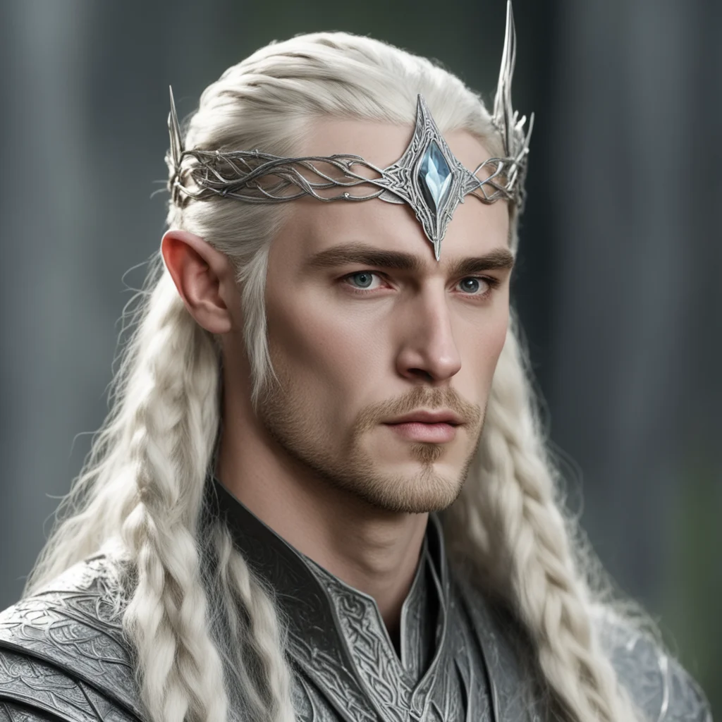  king thranduil with blond hair and braids wearing small silver serpentine nandorin elvish circlet with large center diamond  good looking trending fantastic 1