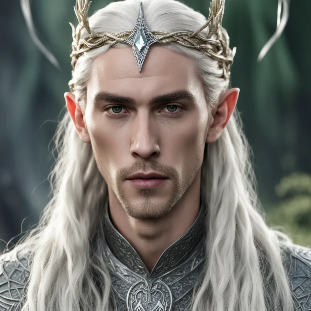  king thranduil with blond hair and braids wearing small silver serpentine nandorin elvish circlet with large center diamond 
