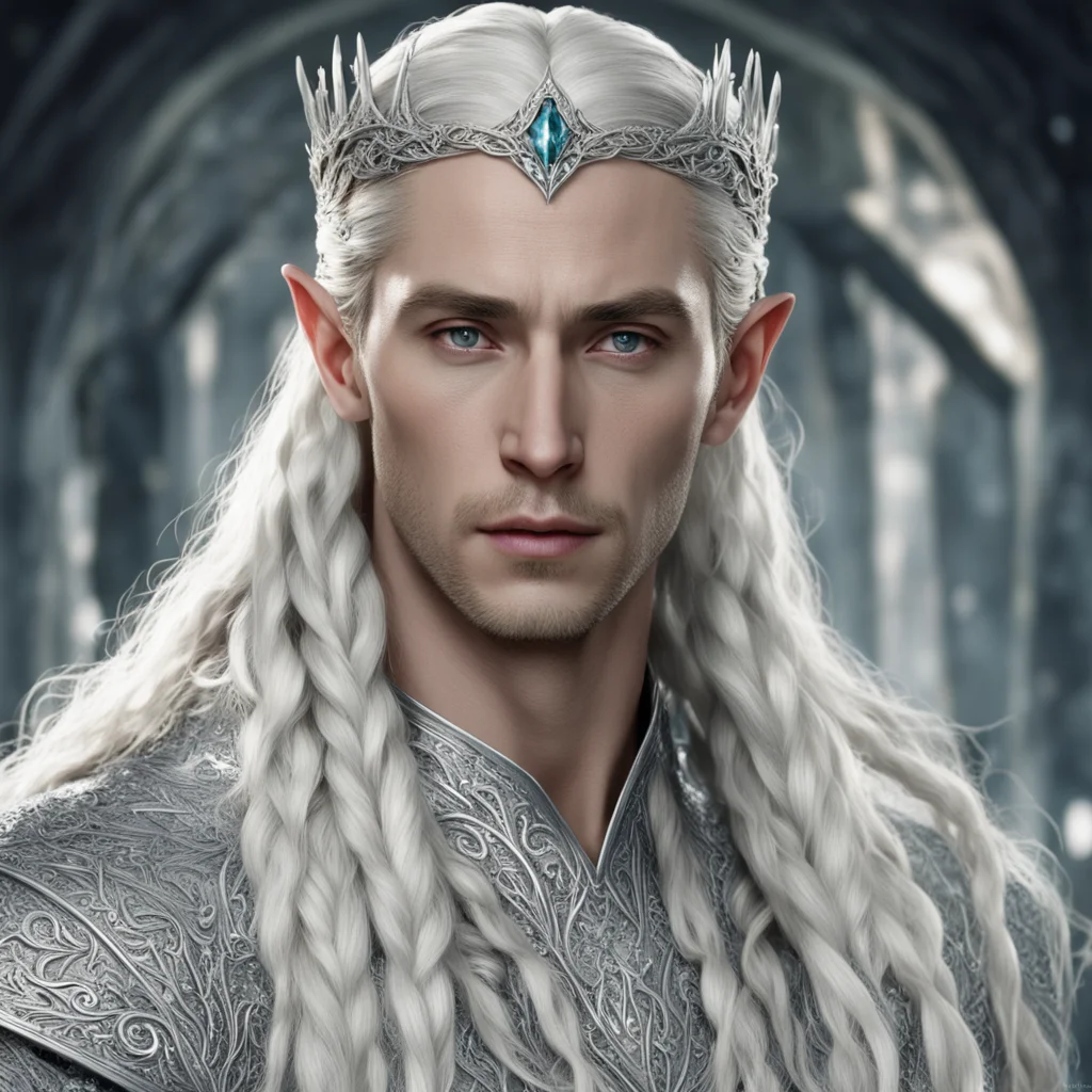  king thranduil with blond hair and braids wearing small silver vines intertwined and encrusted with diamonds to form a silver elvish circlet with large circular diamond confident engaging wow artst