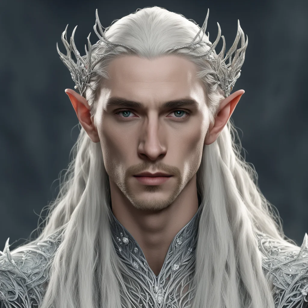 ai king thranduil with blond hair and braids wearing small silver vines intertwined and encrusted with diamonds to form a silver elvish circlet with large circular diamond