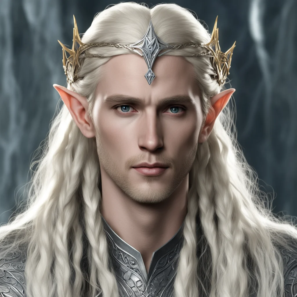 king thranduil with blond hair and braids wearing small thin silver elvish circlet with large center circular diamond 