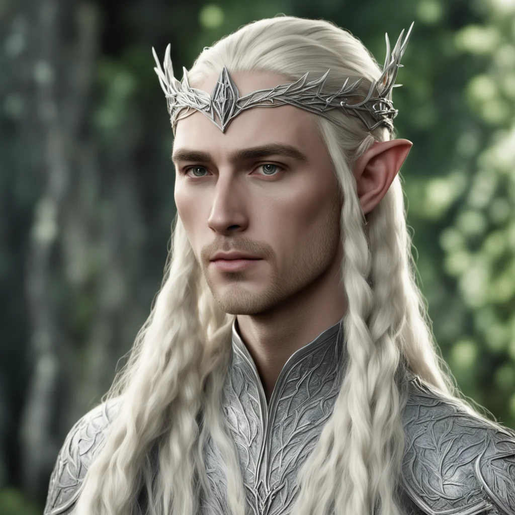 ai king thranduil with blond hair and braids wearing small thin silver elvish circlet with large center leaf shaped diamond  confident engaging wow artstation art 3