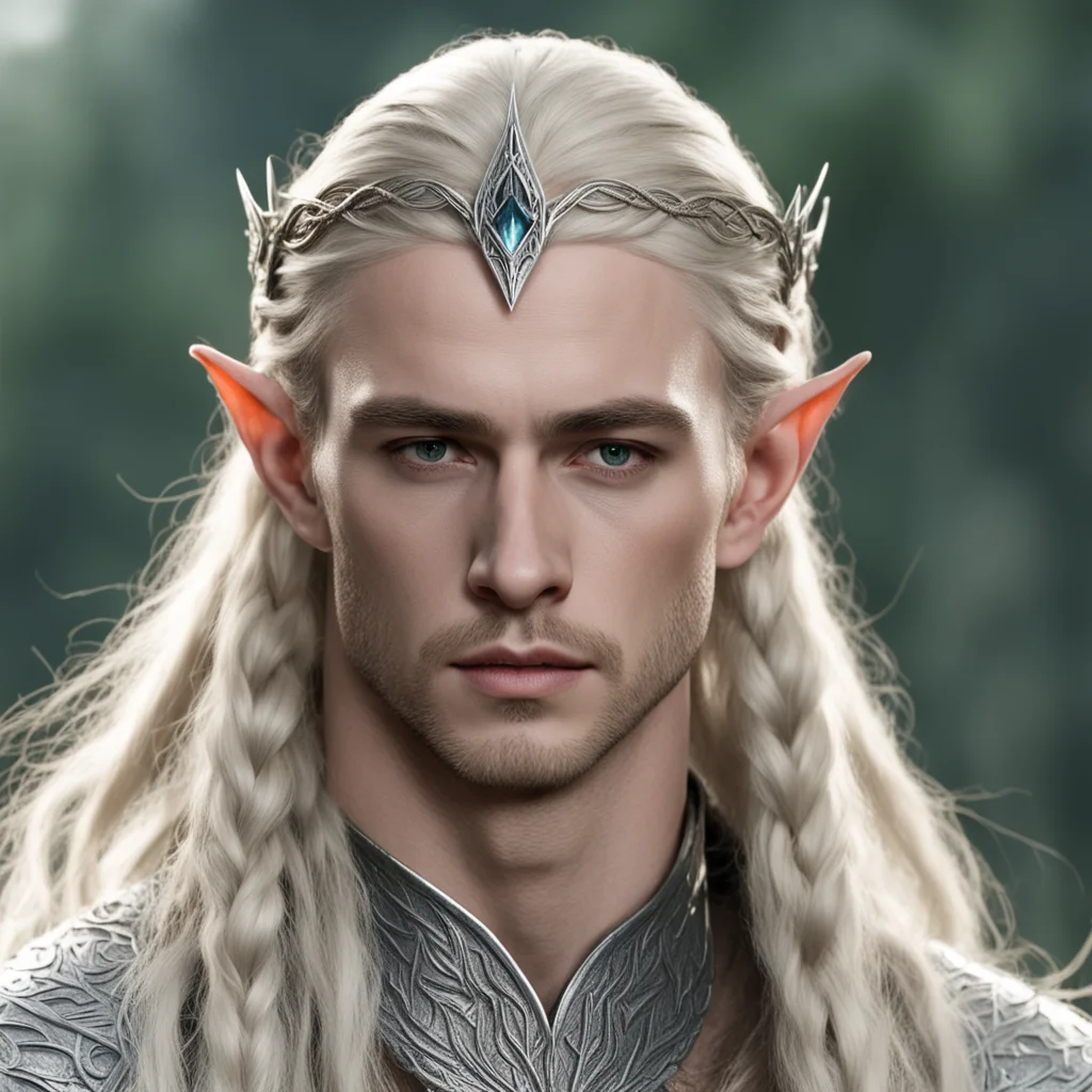 ai king thranduil with blond hair and braids wearing small thin silver elvish circlet with large center leaf shaped diamond  good looking trending fantastic 1