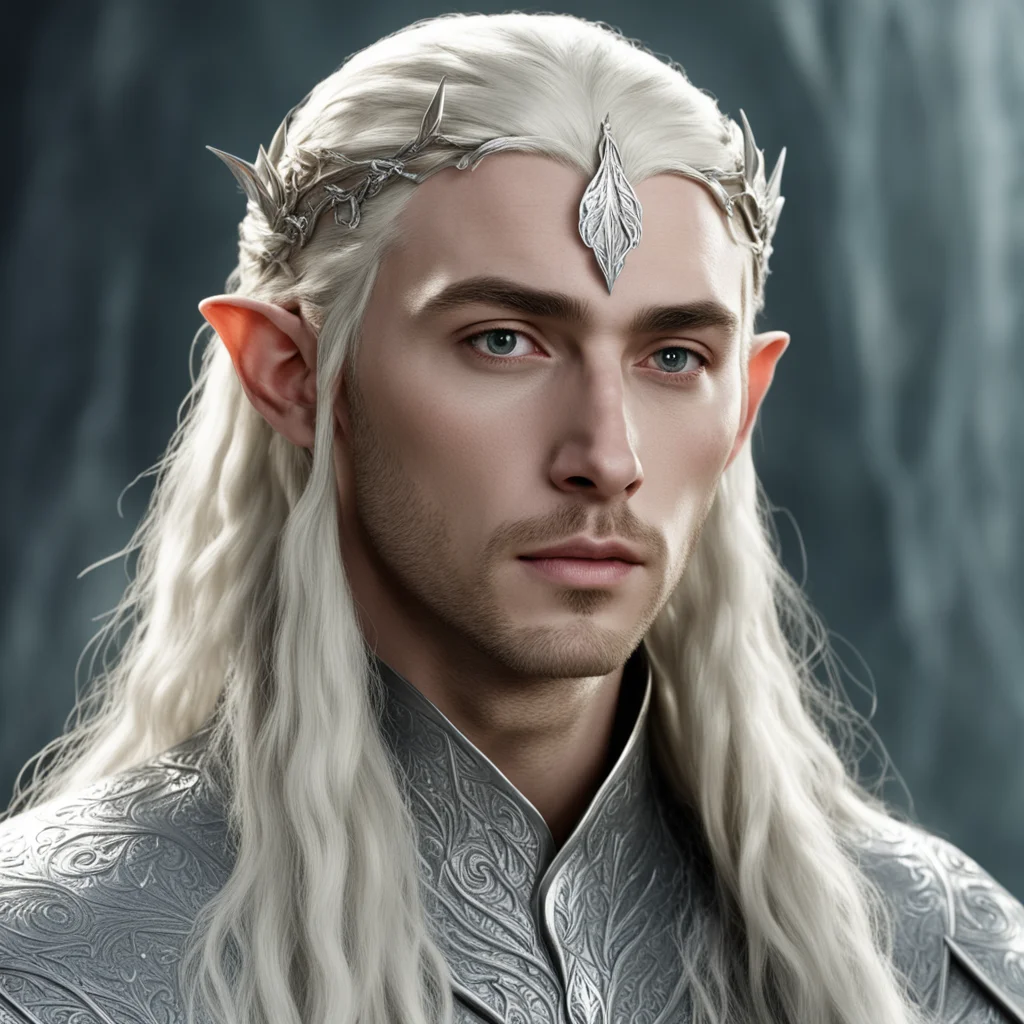 ai king thranduil with blond hair and braids wearing small thin silver elvish circlet with large center leaf shaped diamond 