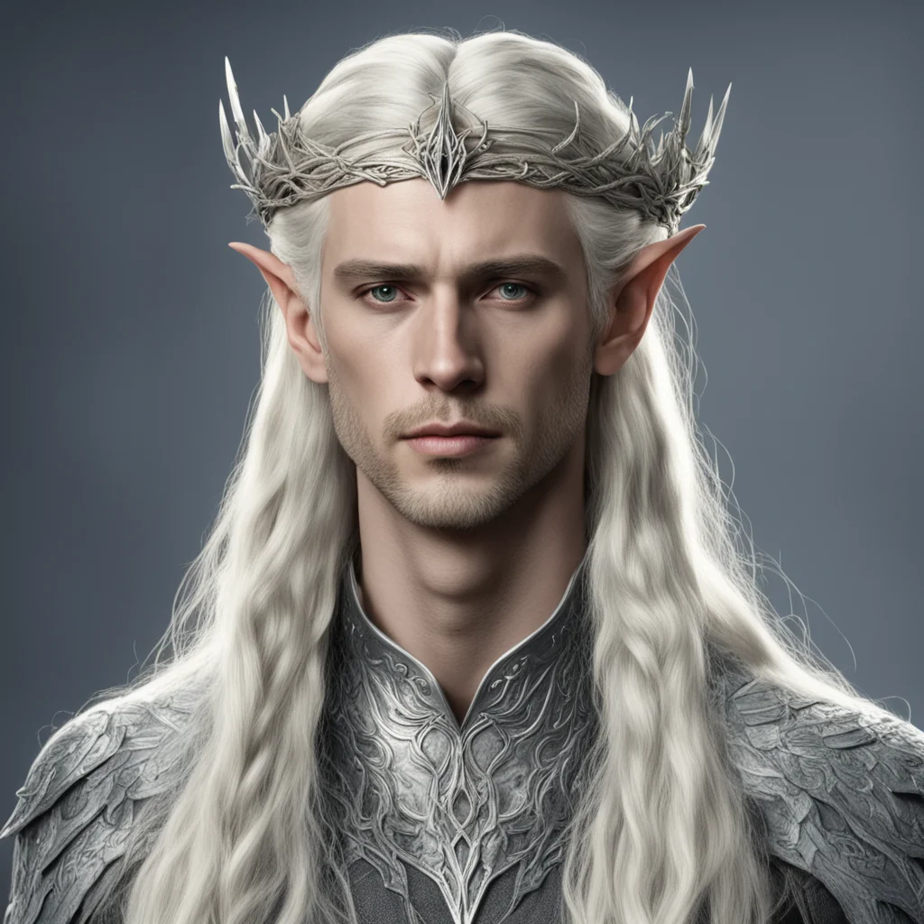 king thranduil with blond hair and braids wearing small thin silver serpentine elvish circlet with large center diamond good looking trending fantastic 1