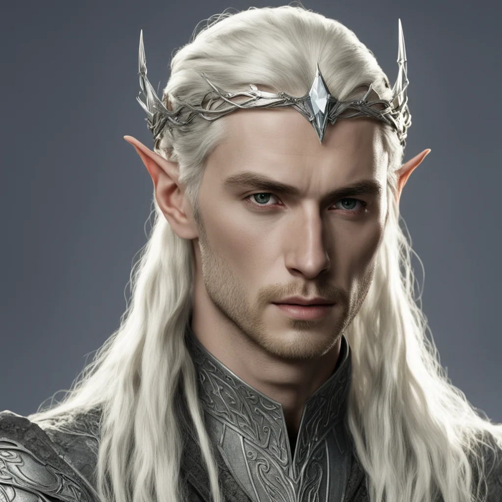 ai king thranduil with blond hair and braids wearing small thin silver serpentine elvish circlet with large center diamond