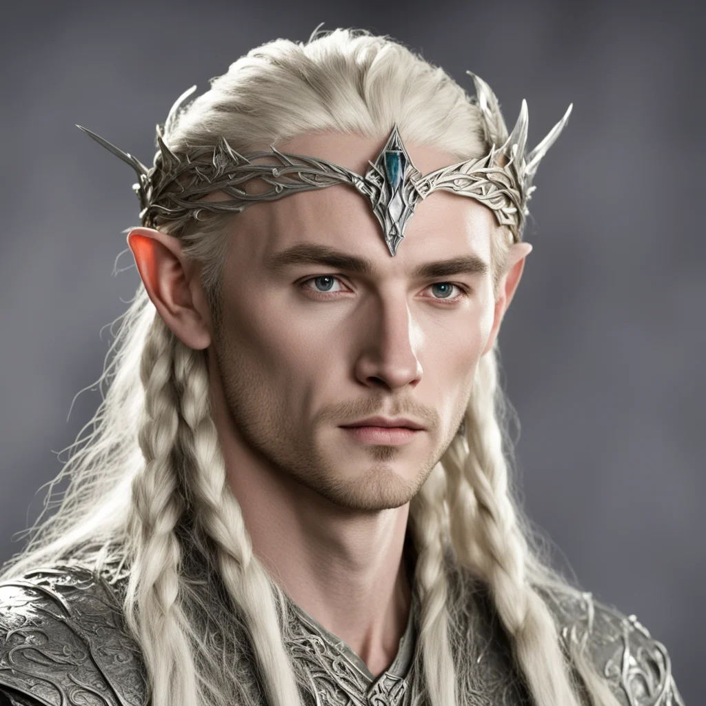  king thranduil with blond hair and braids wearing the hobbit silver elvish circlet with large center diamond good looking trending fantastic 1