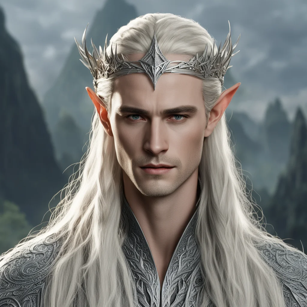 ai king thranduil with blond hair and braids with silver diamond studded elvish hair pins and silver elvish circlet with large center diamond