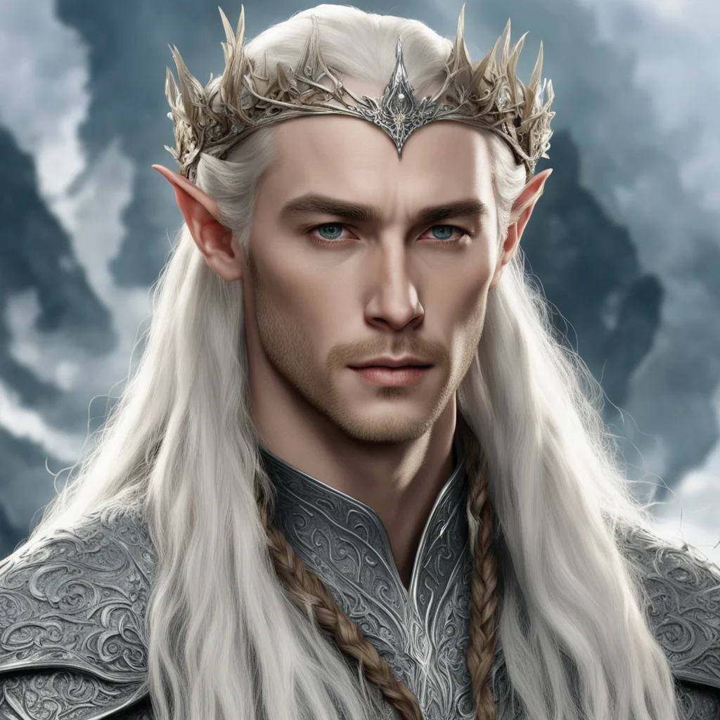 ai king thranduil with blond hair with braids s wearing silver flower elvish circlet encrusted with diamonds
