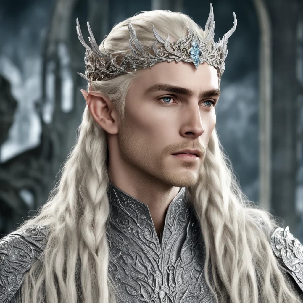 ai king thranduil with blond hair with braids wearing silver flower elvish circlet encrusted with diamonds with large center diamond amazing awesome portrait 2