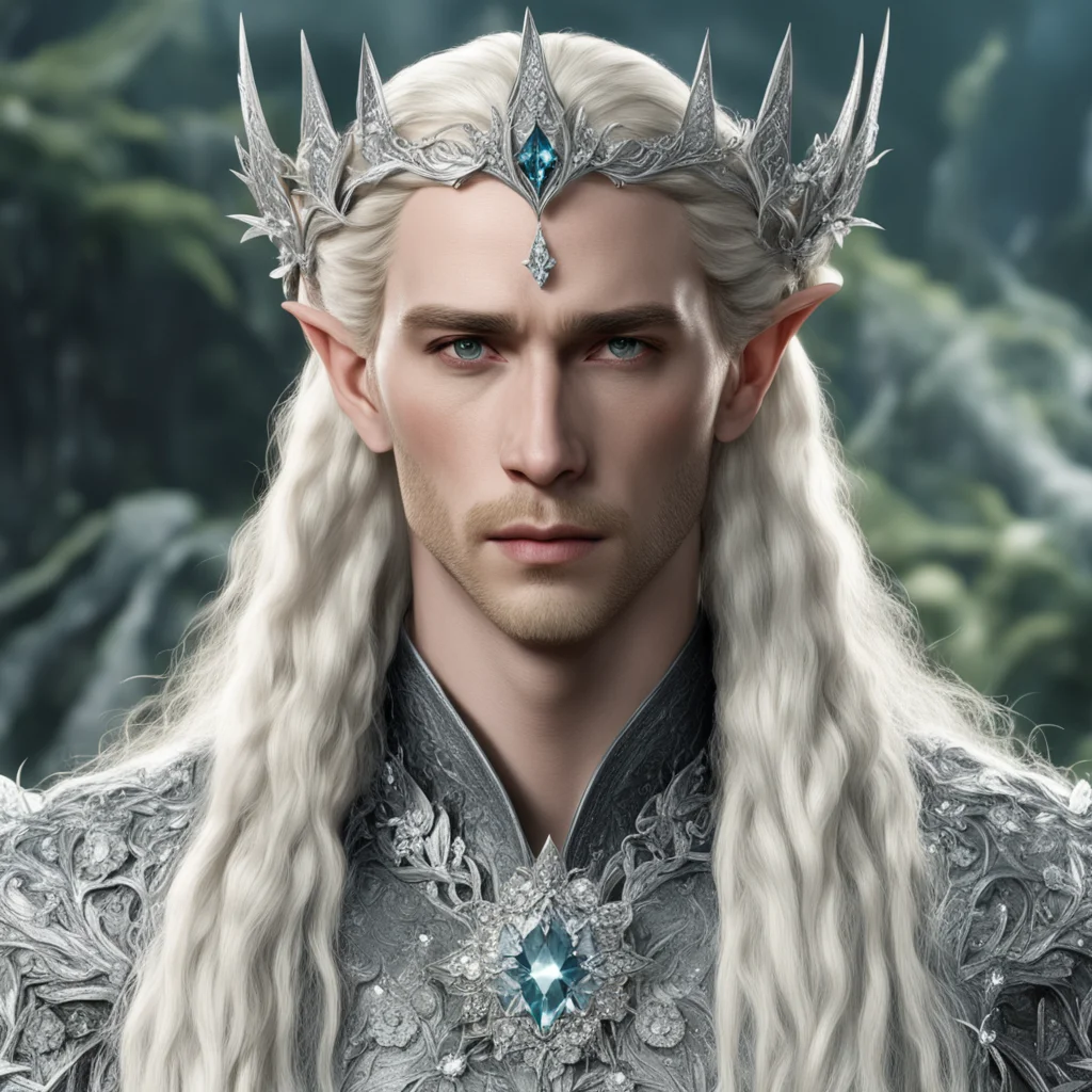 ai king thranduil with blond hair with braids wearing silver flower elvish circlet encrusted with diamonds with large center diamond confident engaging wow artstation art 3