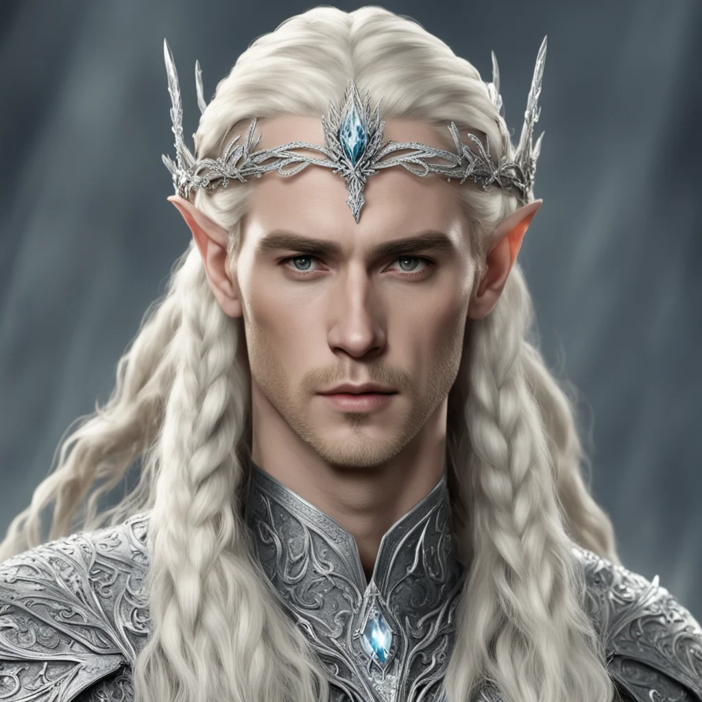ai king thranduil with blond hair with braids wearing silver flower elvish circlet encrusted with diamonds with large center diamond good looking trending fantastic 1