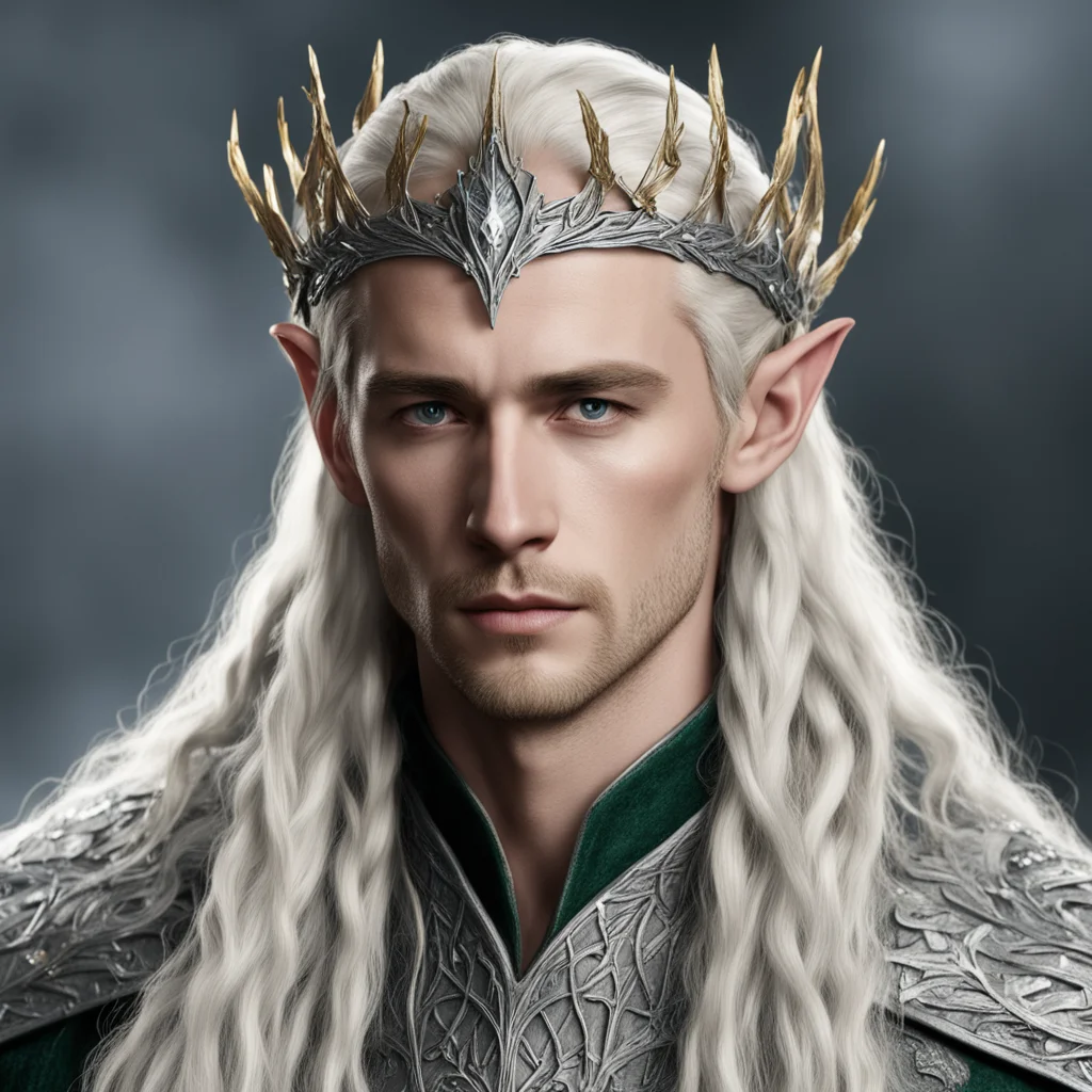  king thranduil with blond hair with braids wearing silver oak leaf elvish circlet encrusted with diamonds 